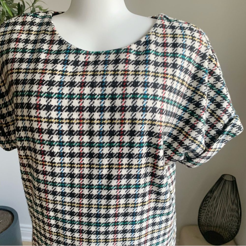 ZARA Tweed Houndstooth Dress XS Multicolor Fringe Hem Loose Fit - Picture 6 of 10